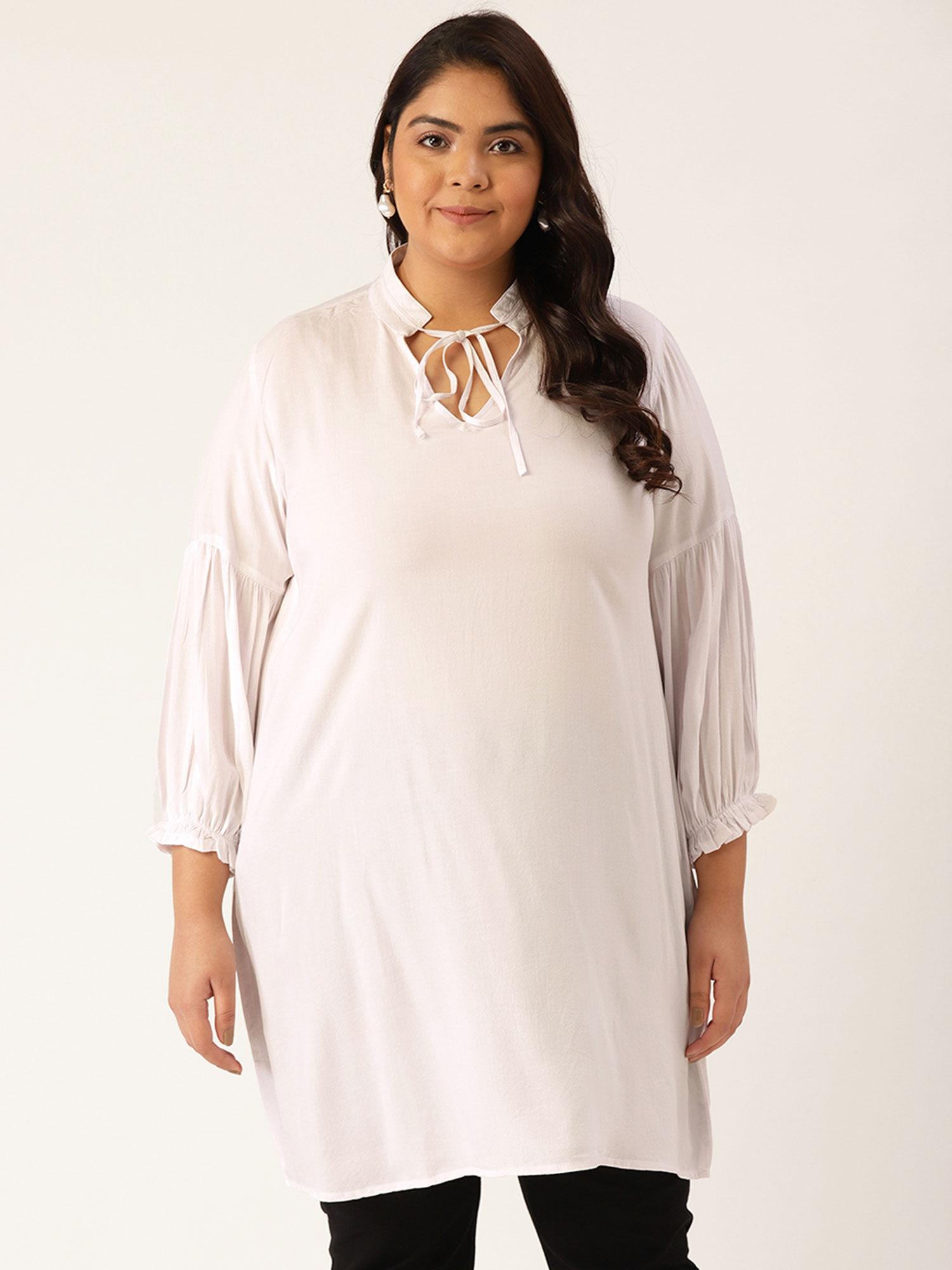 women's white solid color notch neck tunic