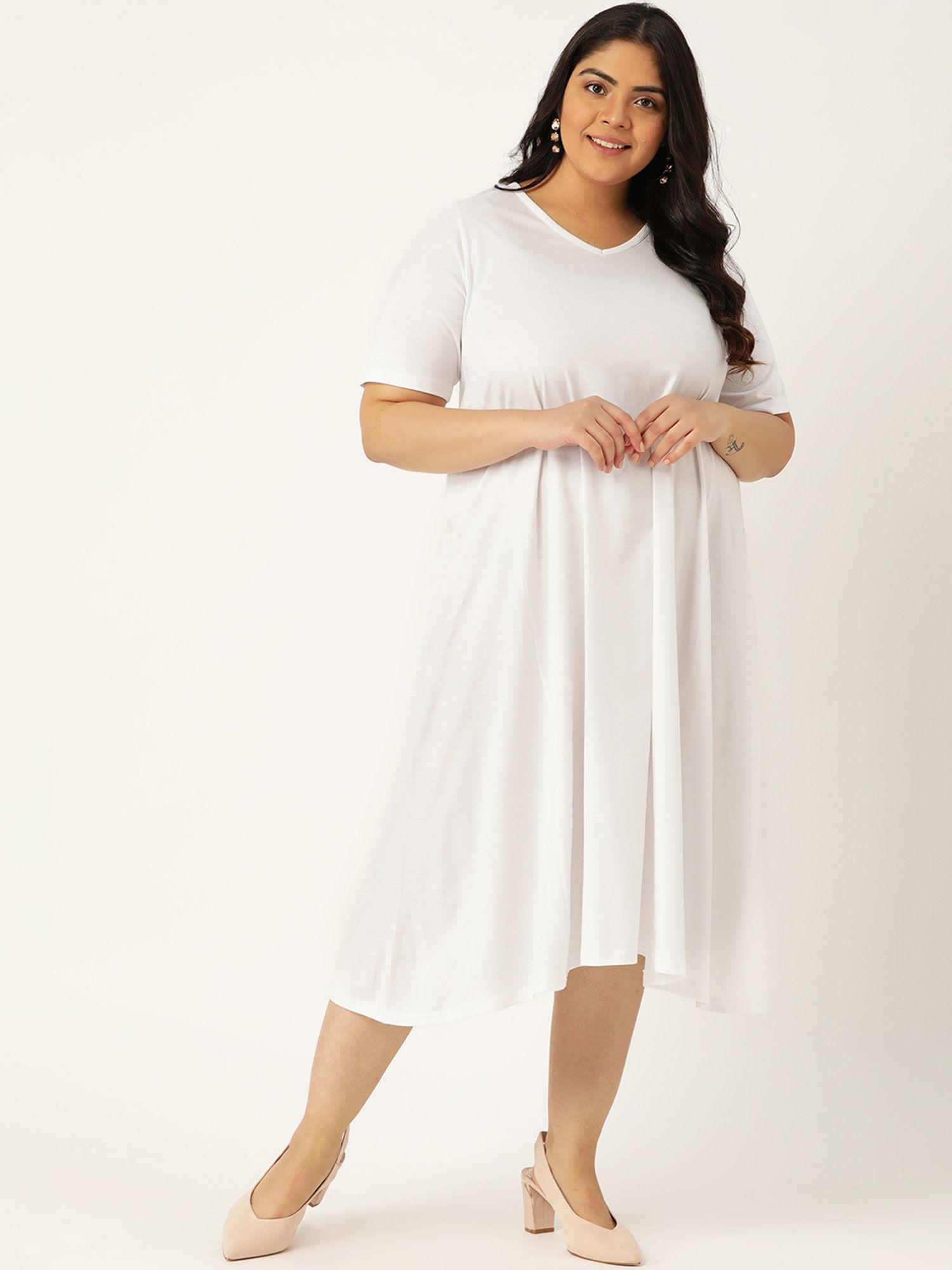women's white solid color v-neck cotton a-line dress