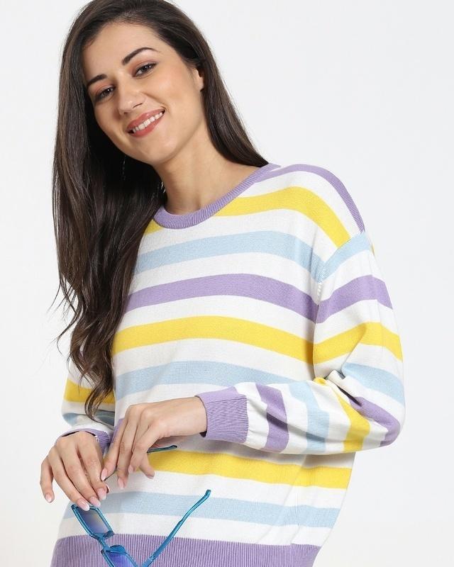 women's white striped flat knit sweater