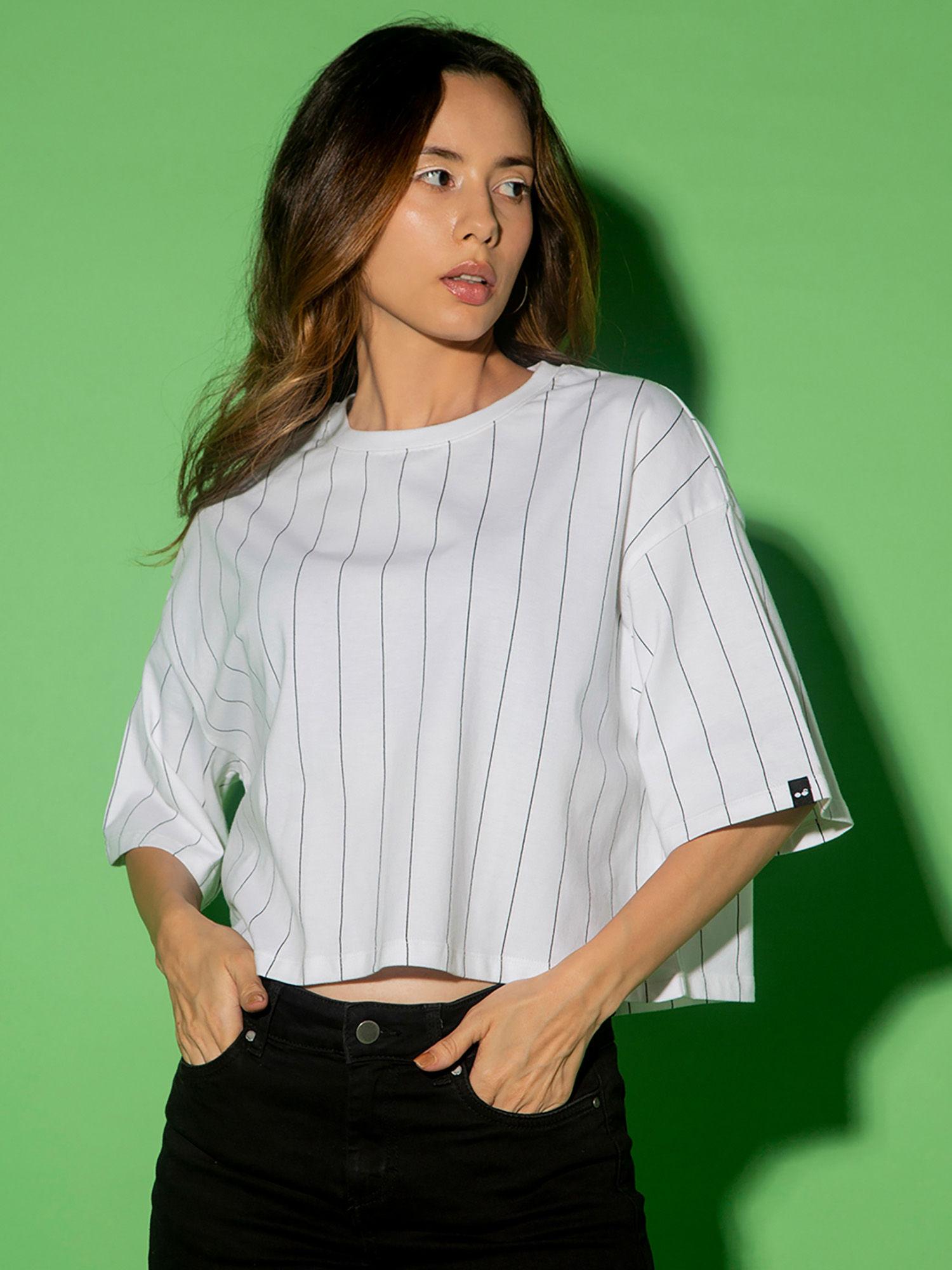 women's white striped oversized short t-shirt