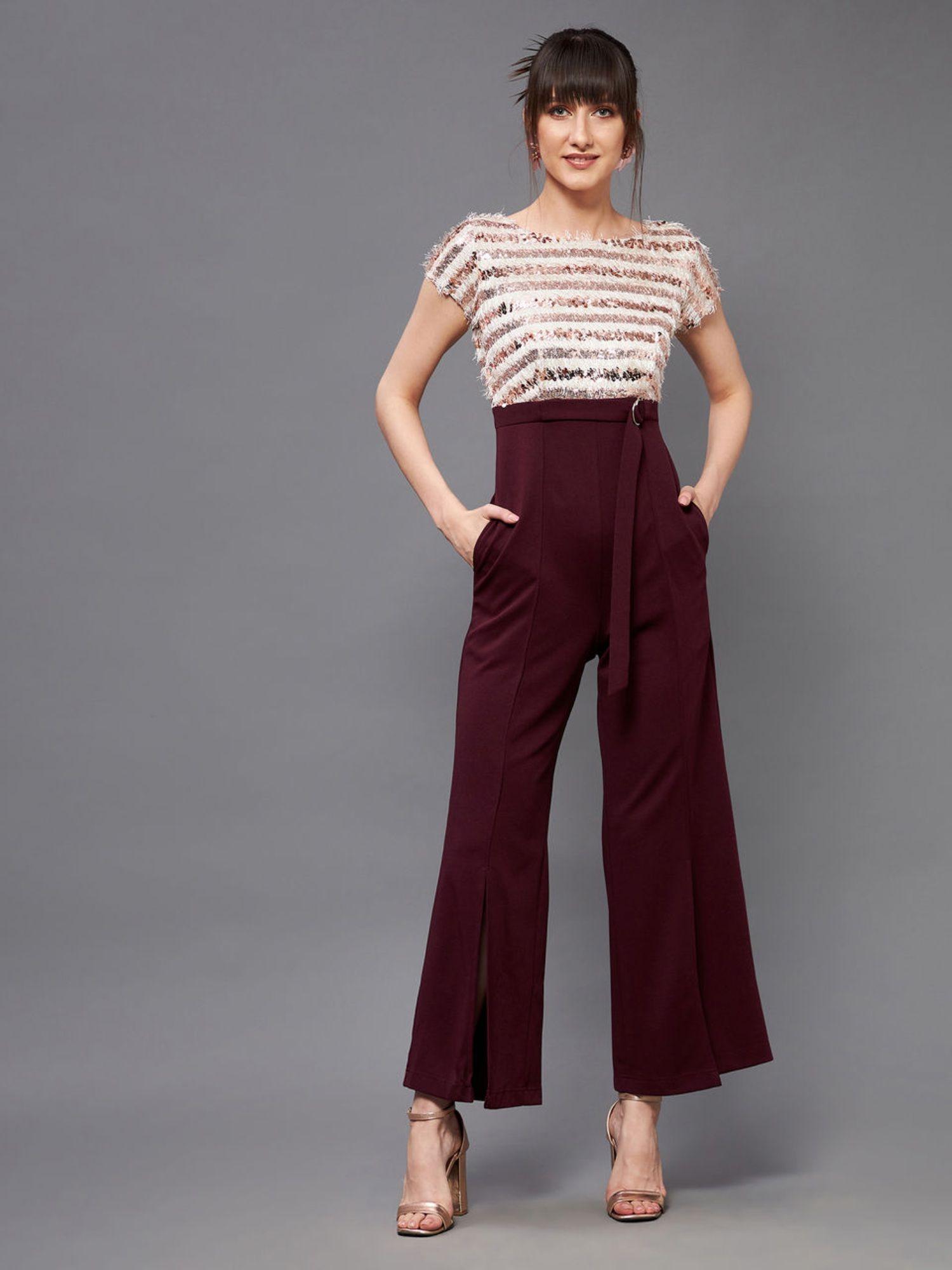 women's wine & beige round neck short sleeve embellished front slit jumpsuit