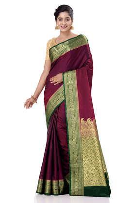 women's wine banarasi satin plain silk blend saree with blouse piece with blouse piece - wine