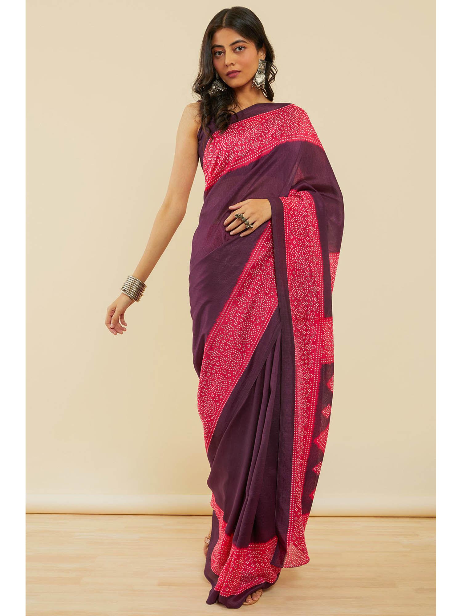 women's wine bandhani print art silk saree with unstitched blouse