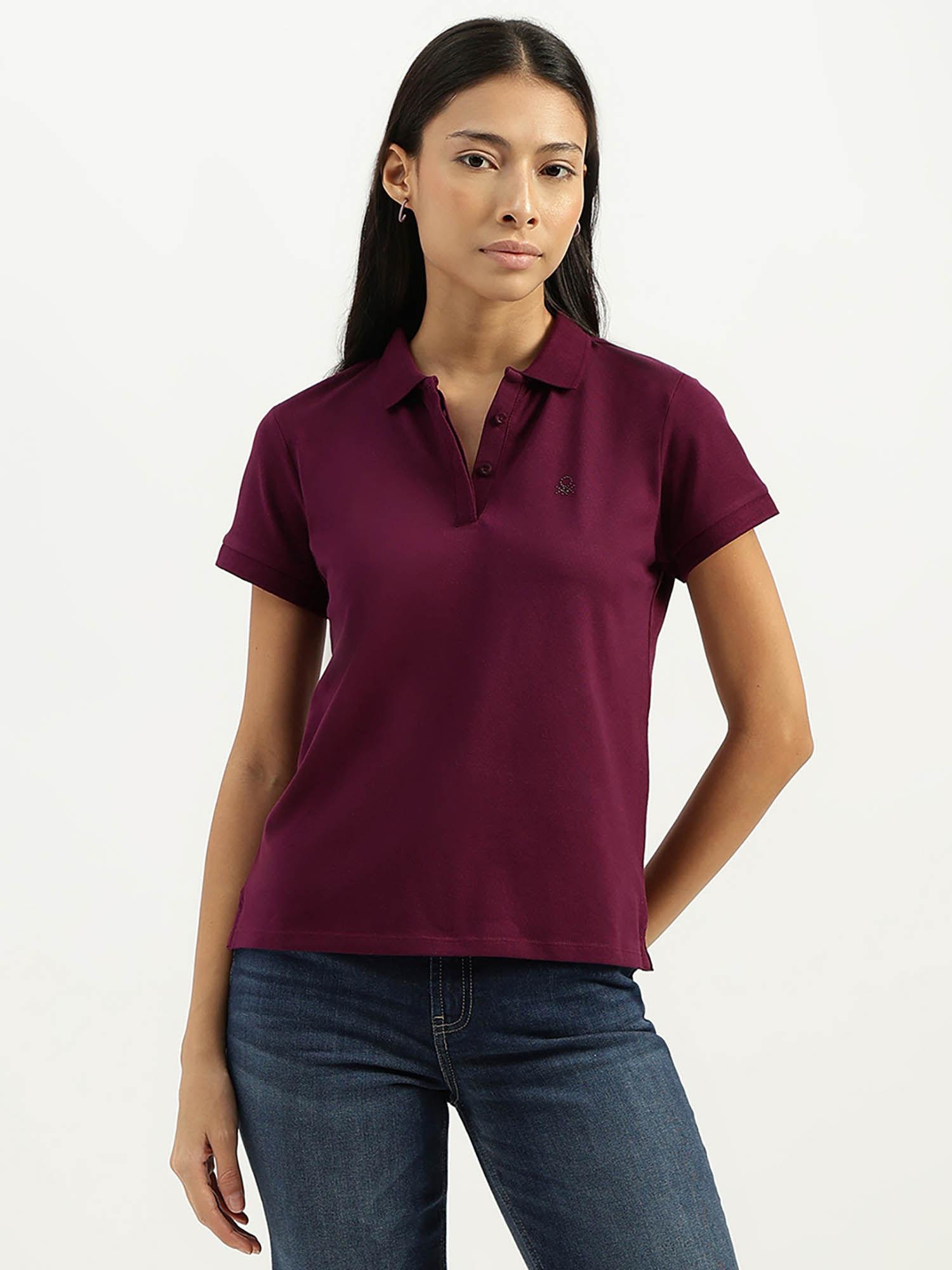 women's wine collar neck solid tshirt