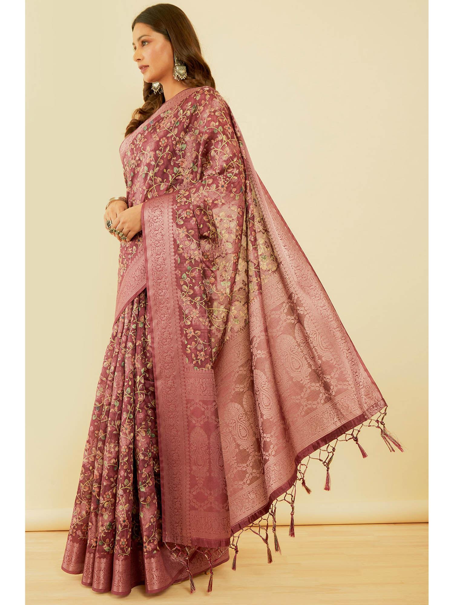 women's wine floral print chanderi jacquard saree with unstitched blouse