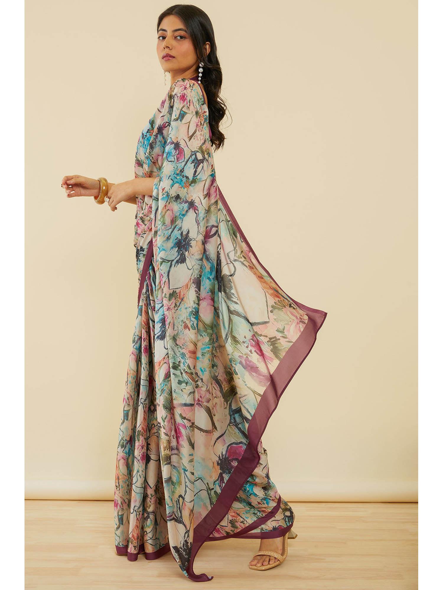 women's wine floral print crepe saree with unstitched blouse