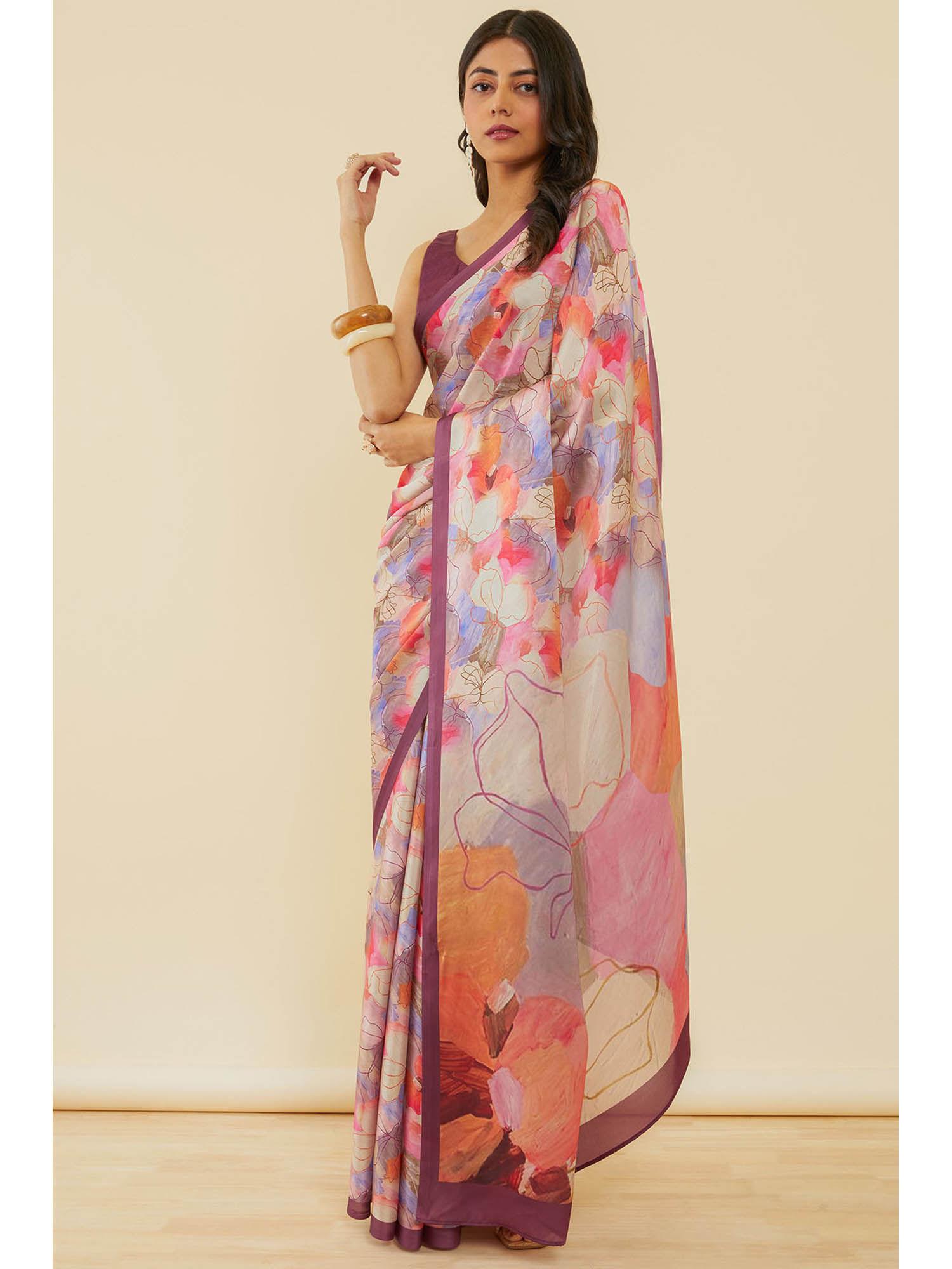 women's wine floral print crepe saree with unstitched blouse