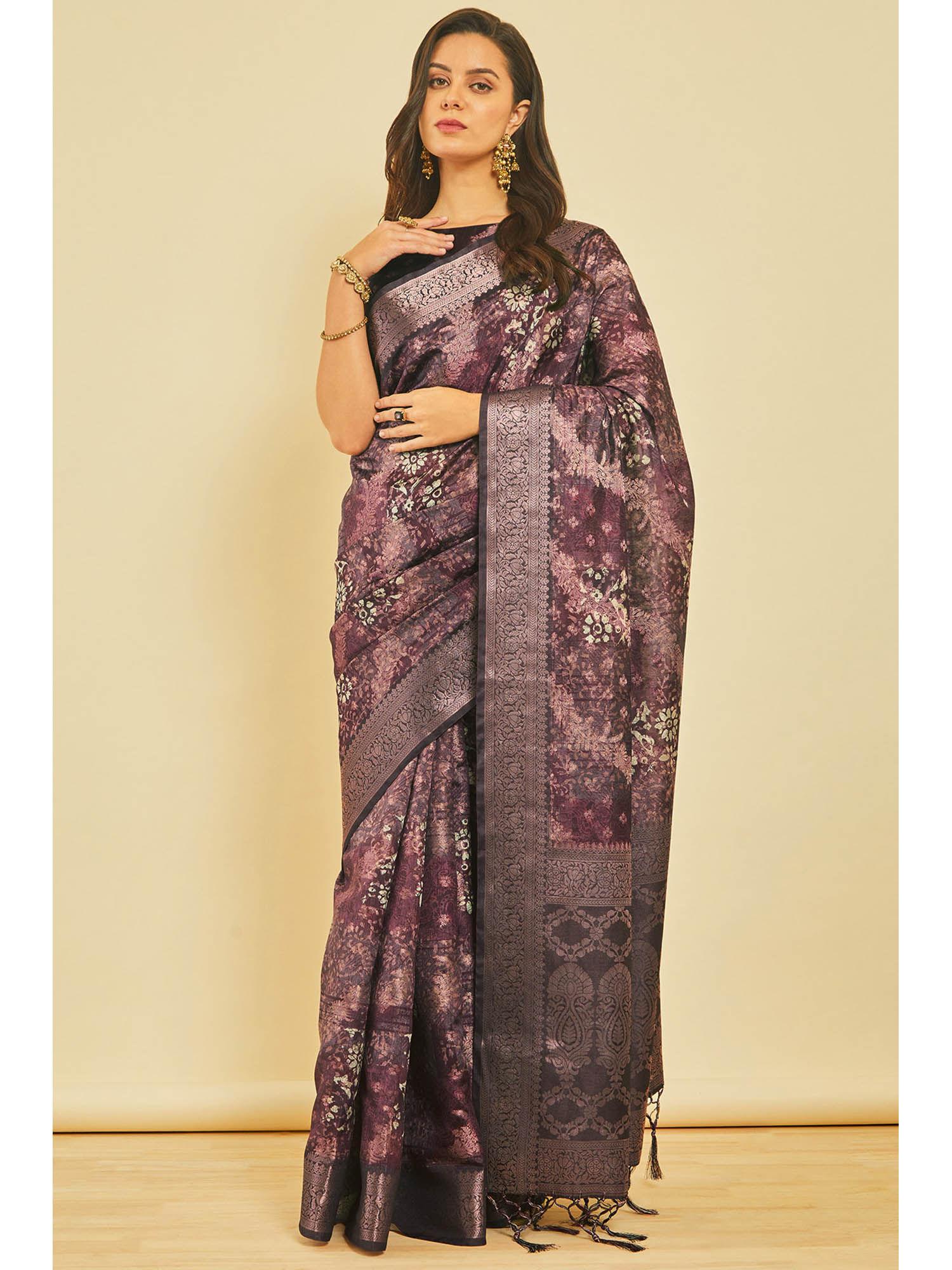 women's wine floral print jacquard weave chanderi saree with unstitched blouse