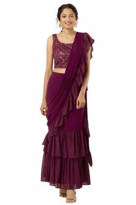 women's wine mukaish foil ruffled sari skirt - purple