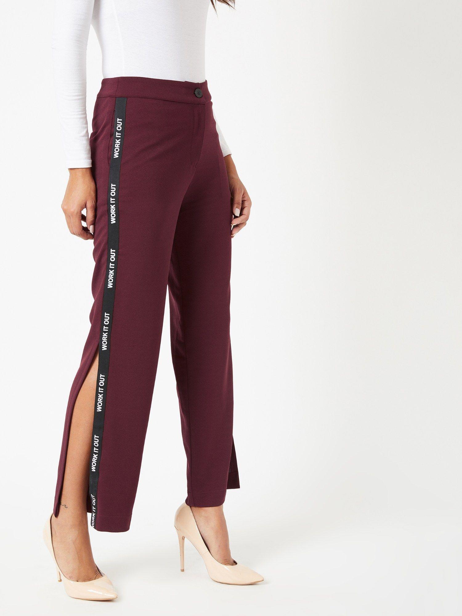 women's wine red solid wide leg regular length side slitted trouser