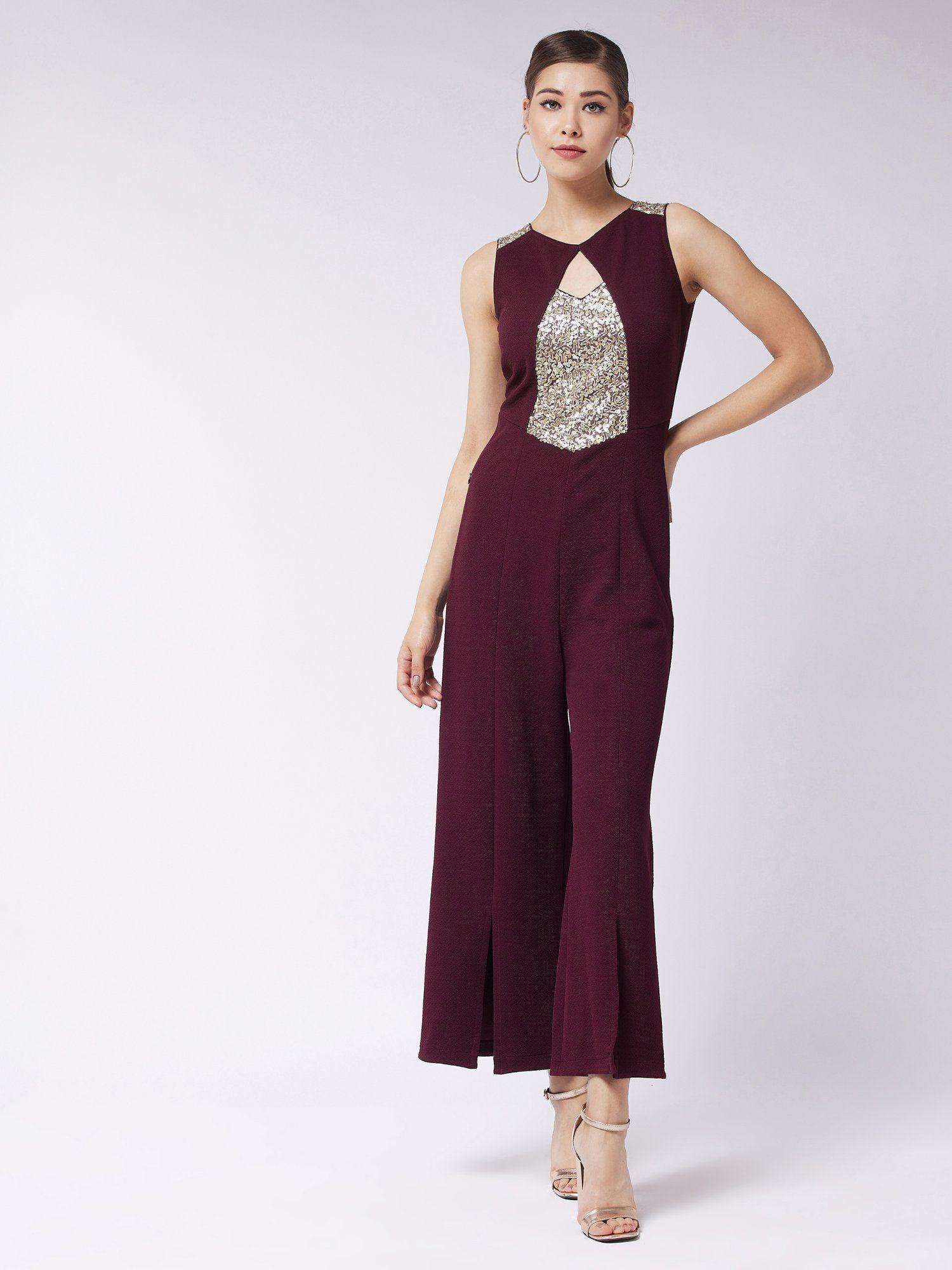 women's wine round neck sleeveless solid paneled regular jumpsuit