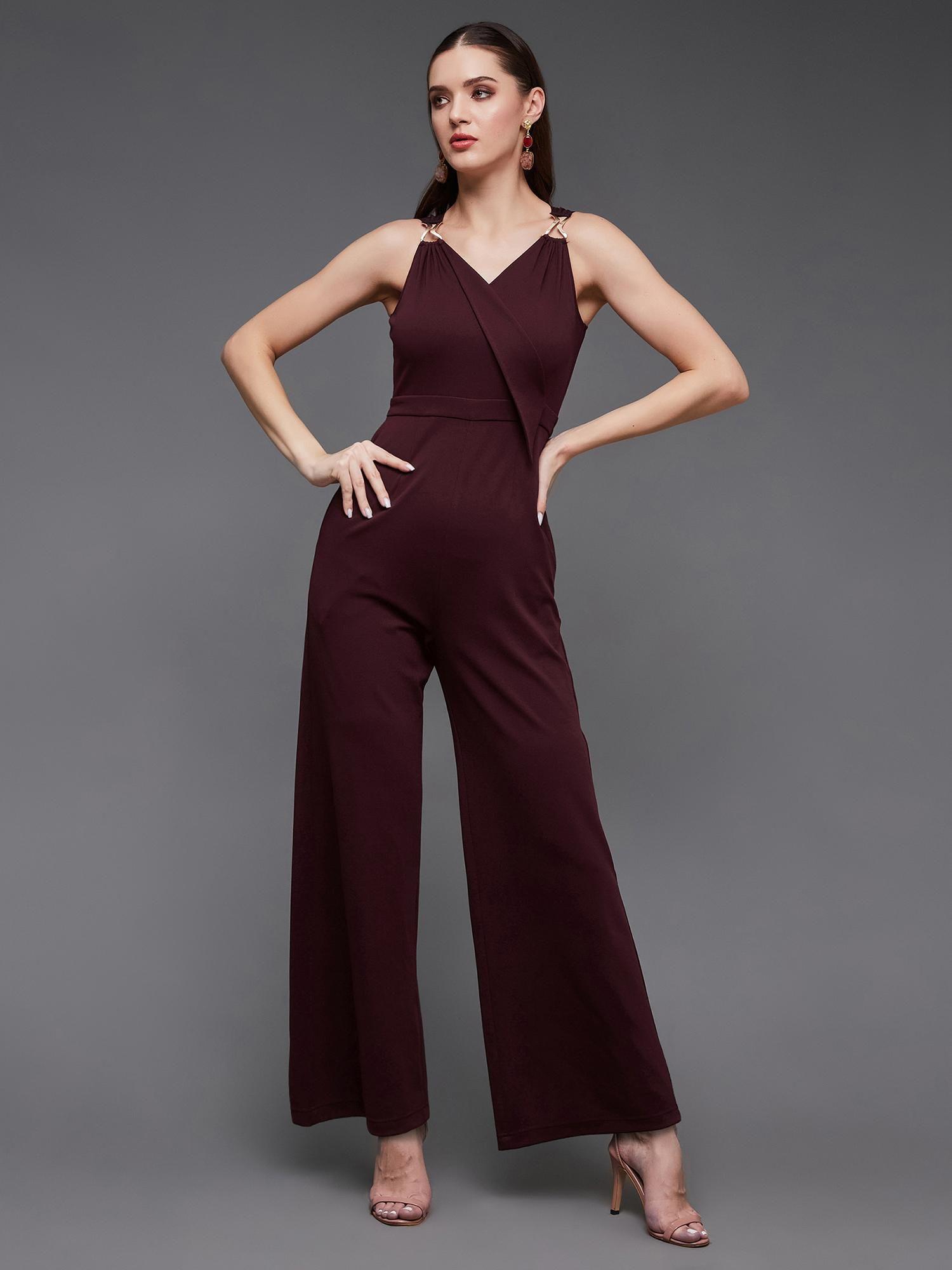 women's wine v-neck sleeveless solid wrap regular jumpsuit