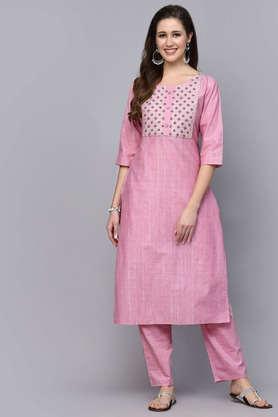 women's woven design & embroidered cotton blend straight kurta pant set - pink