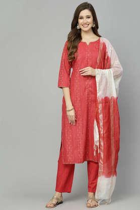 women's woven design cotton blend straight kurta pant dupatta set - red