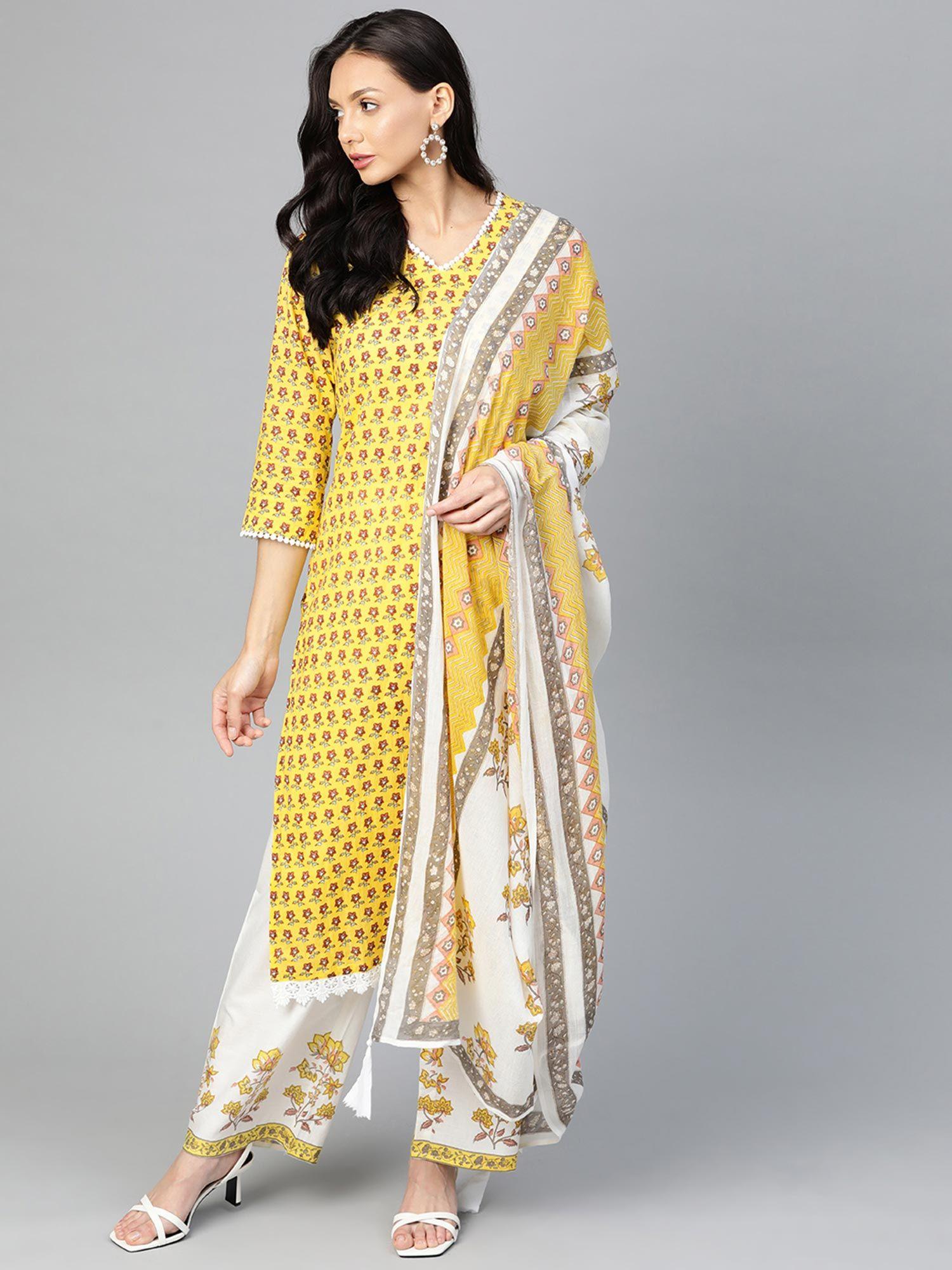 women's yellow & white printed kurta with palazzo and dupatta (set of 3)