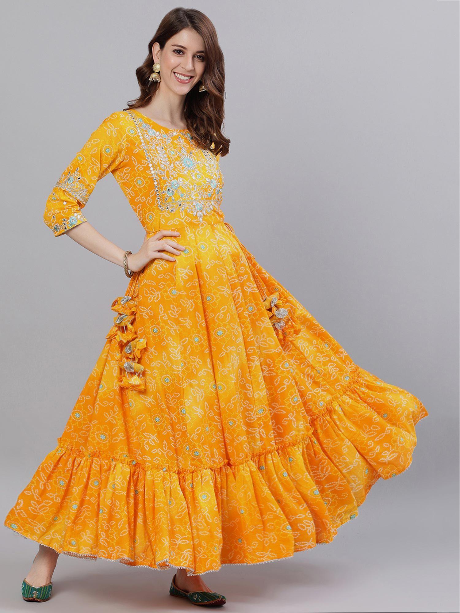 women's yellow bandhani embellished anarkali dress