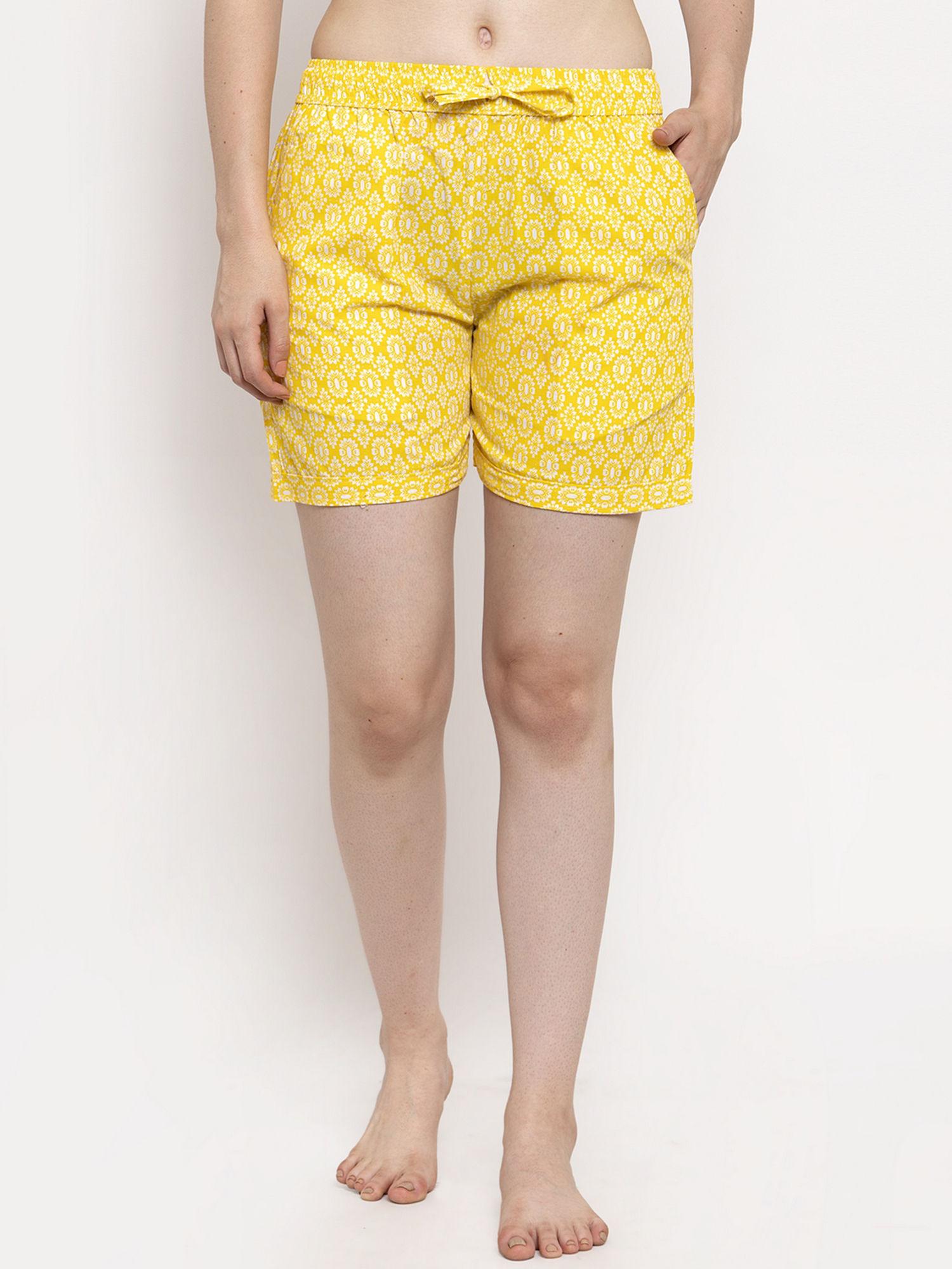 women's yellow cotton printed shorts