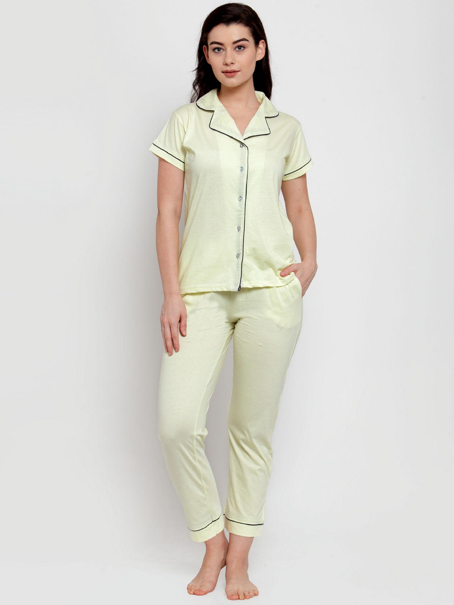 women's yellow cotton solid nightsuit