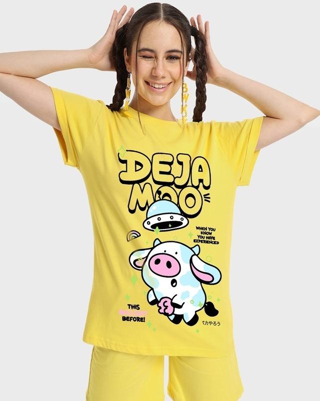 women's yellow deja moo graphic printed boyfriend t-shirt