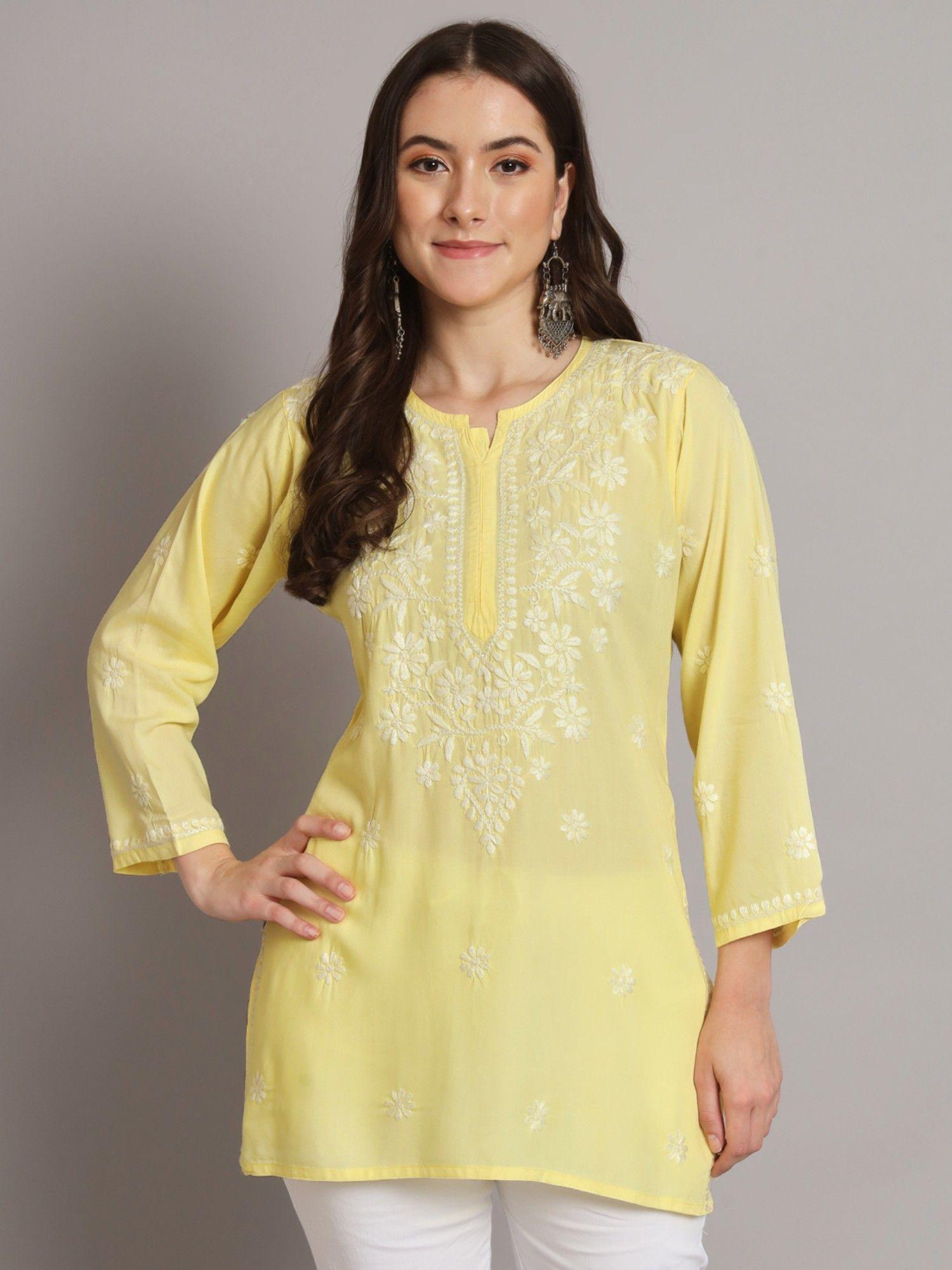 women's yellow ethnic motifs hand embroidered chikankari modal tunic