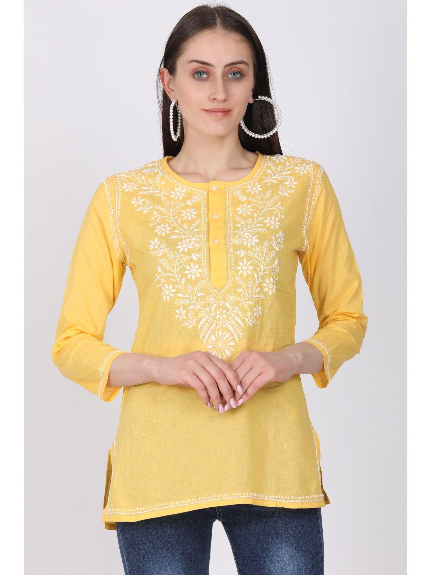 women's yellow hand embroidered chikankari cotton short tunic