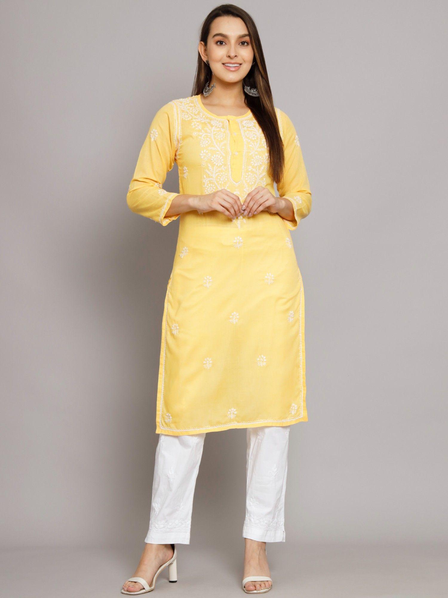 women's yellow hand embroidered chikankari cotton straight kurta