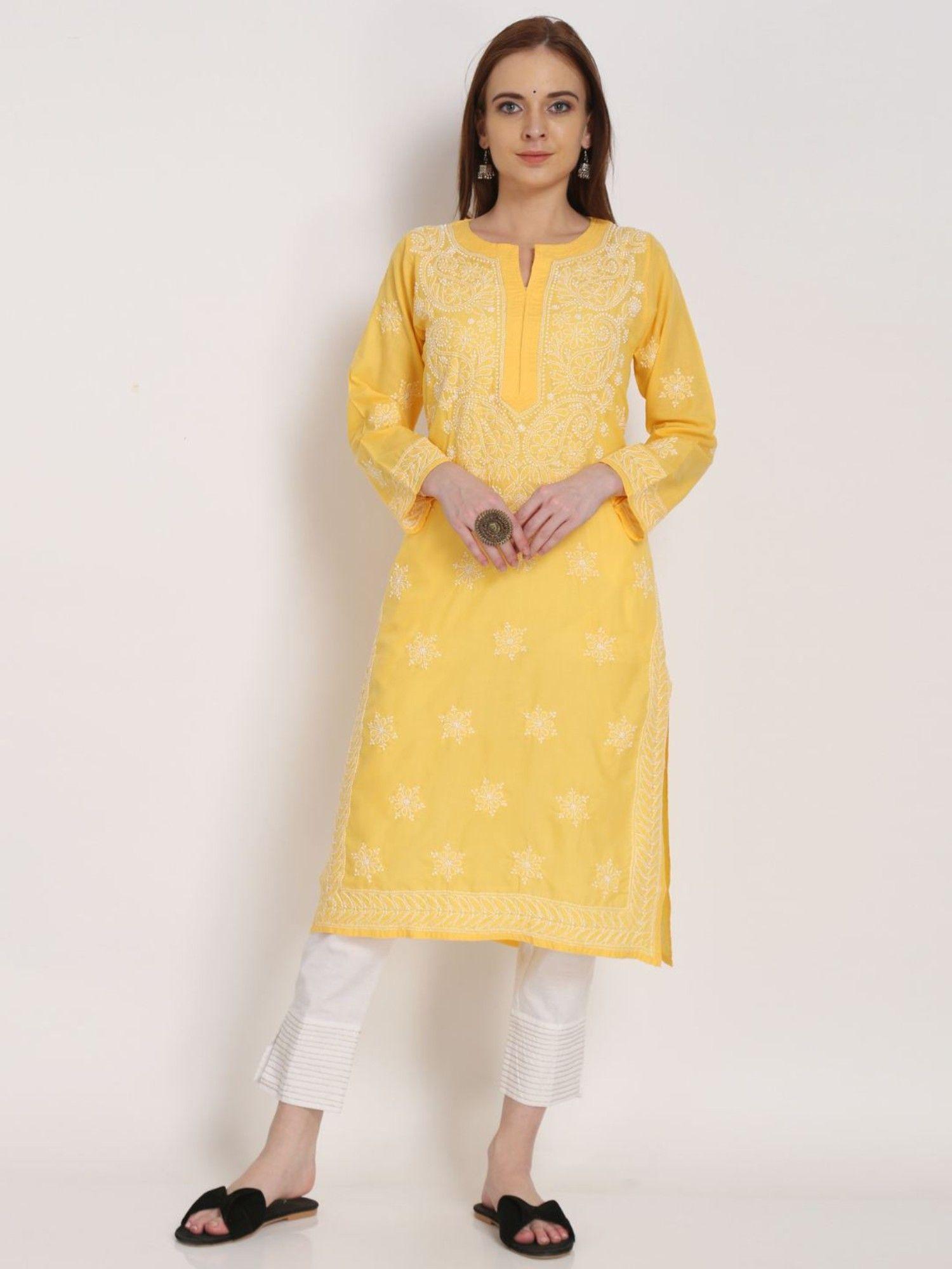 women's yellow hand embroidered chikankari cotton straight kurta