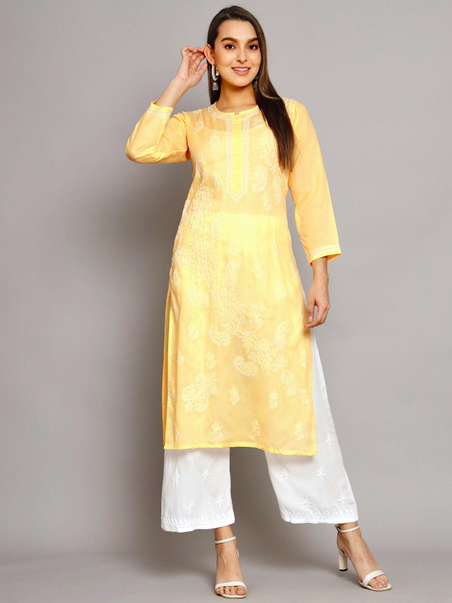 women's yellow hand embroidered chikankari cotton straight kurta