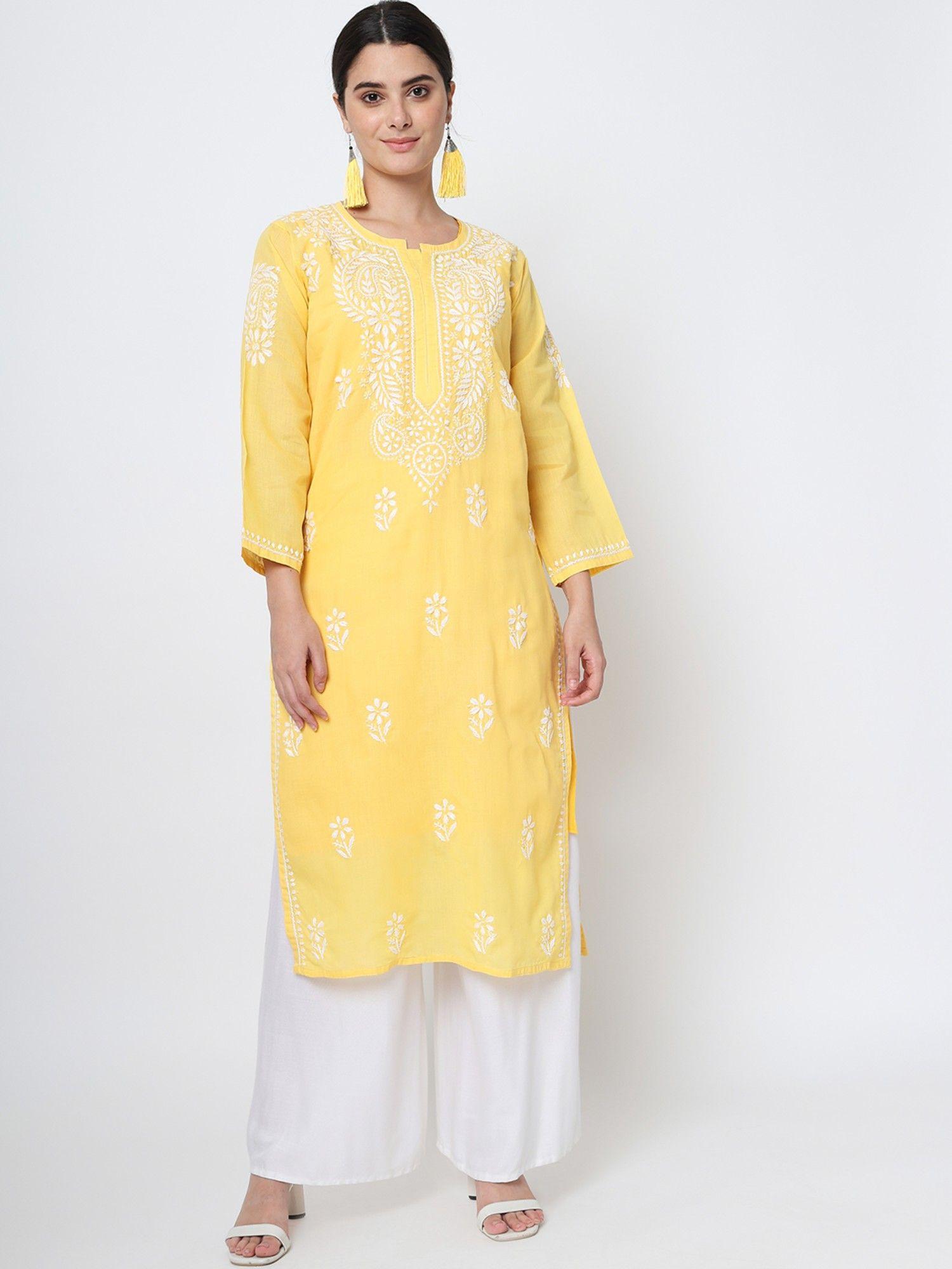 women's yellow hand embroidered chikankari cotton straight kurta