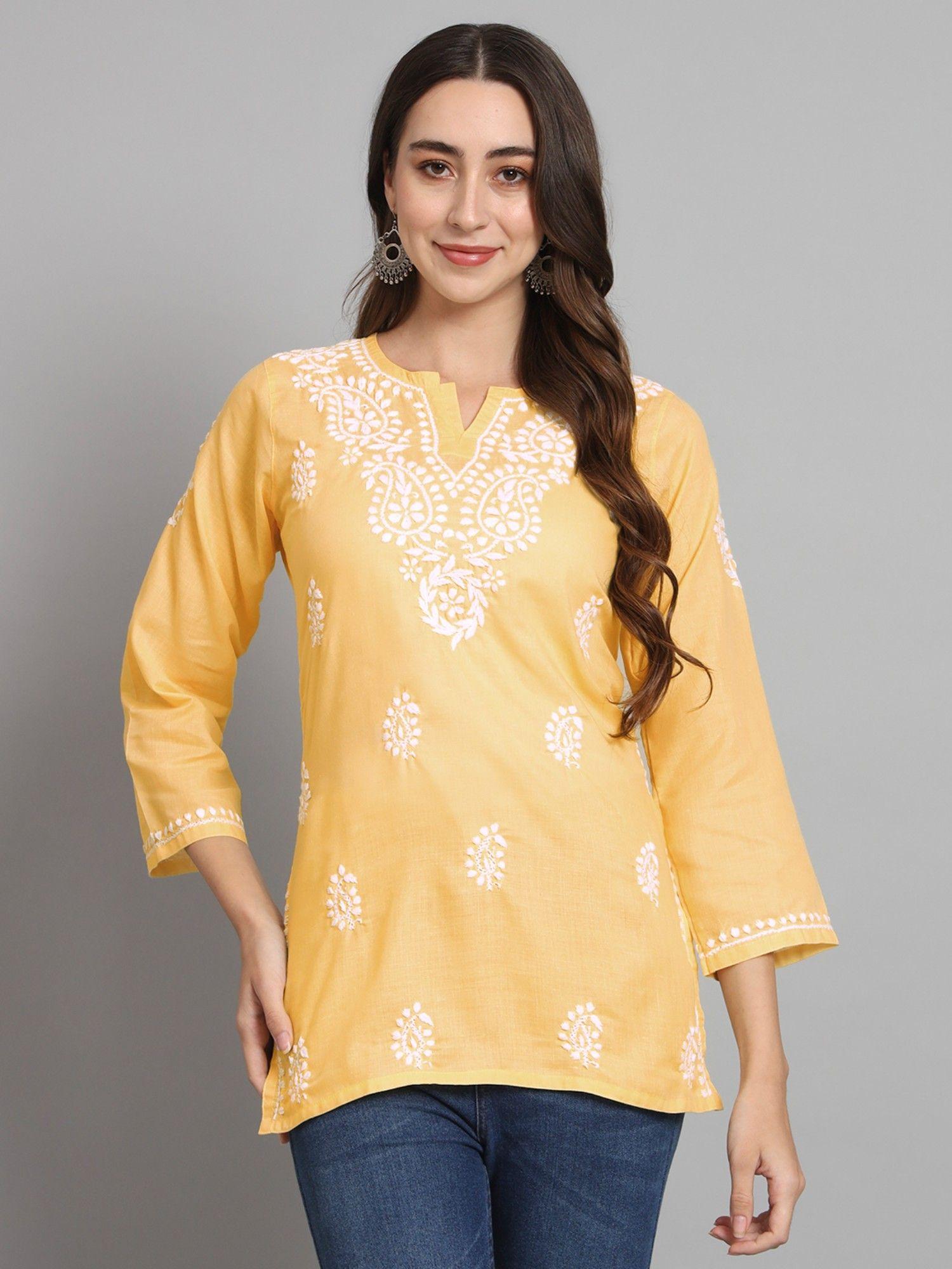 women's yellow hand embroidered chikankari cotton tunic