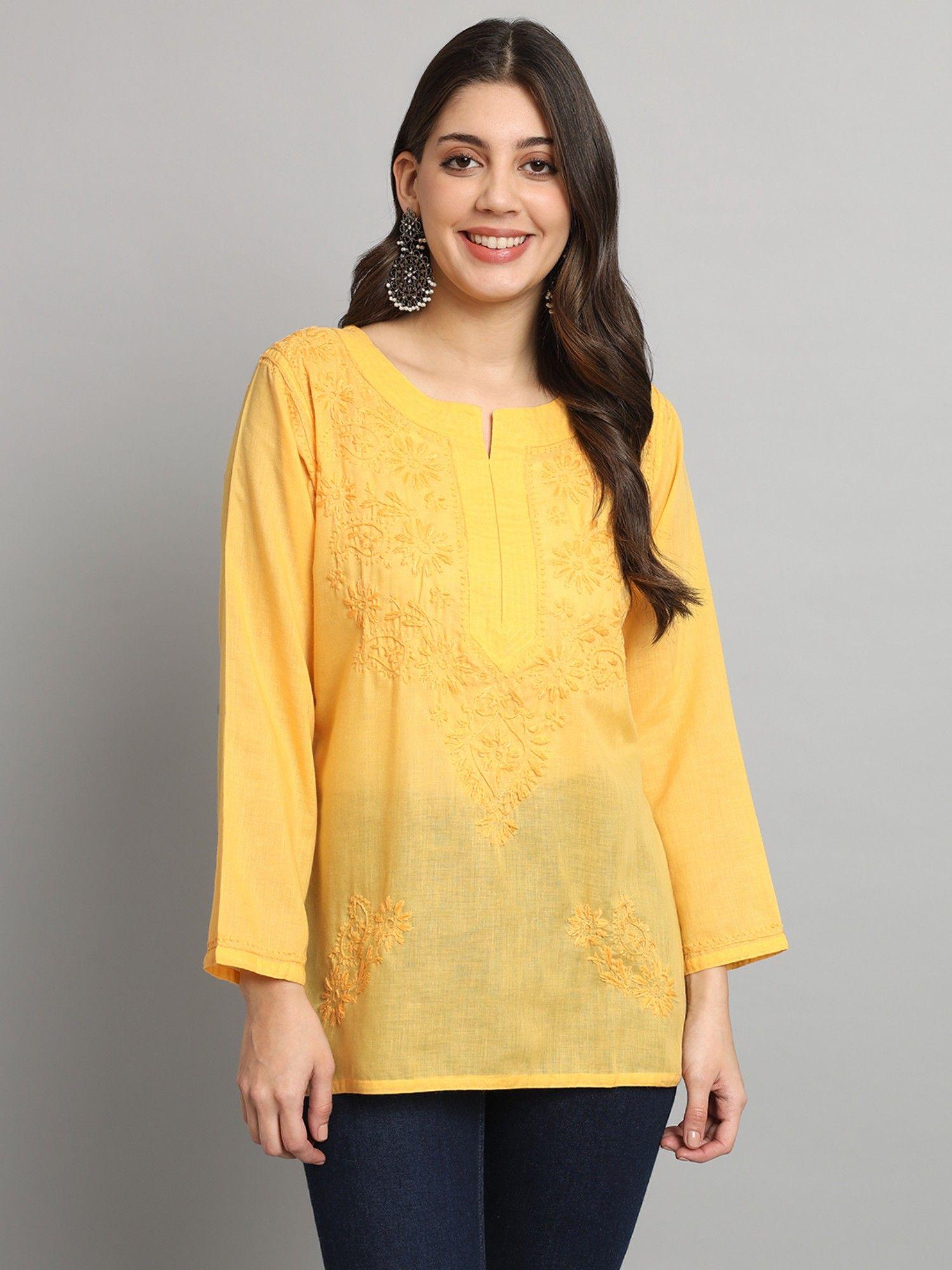 women's yellow hand embroidered lucknowi chikankari cotton tunic