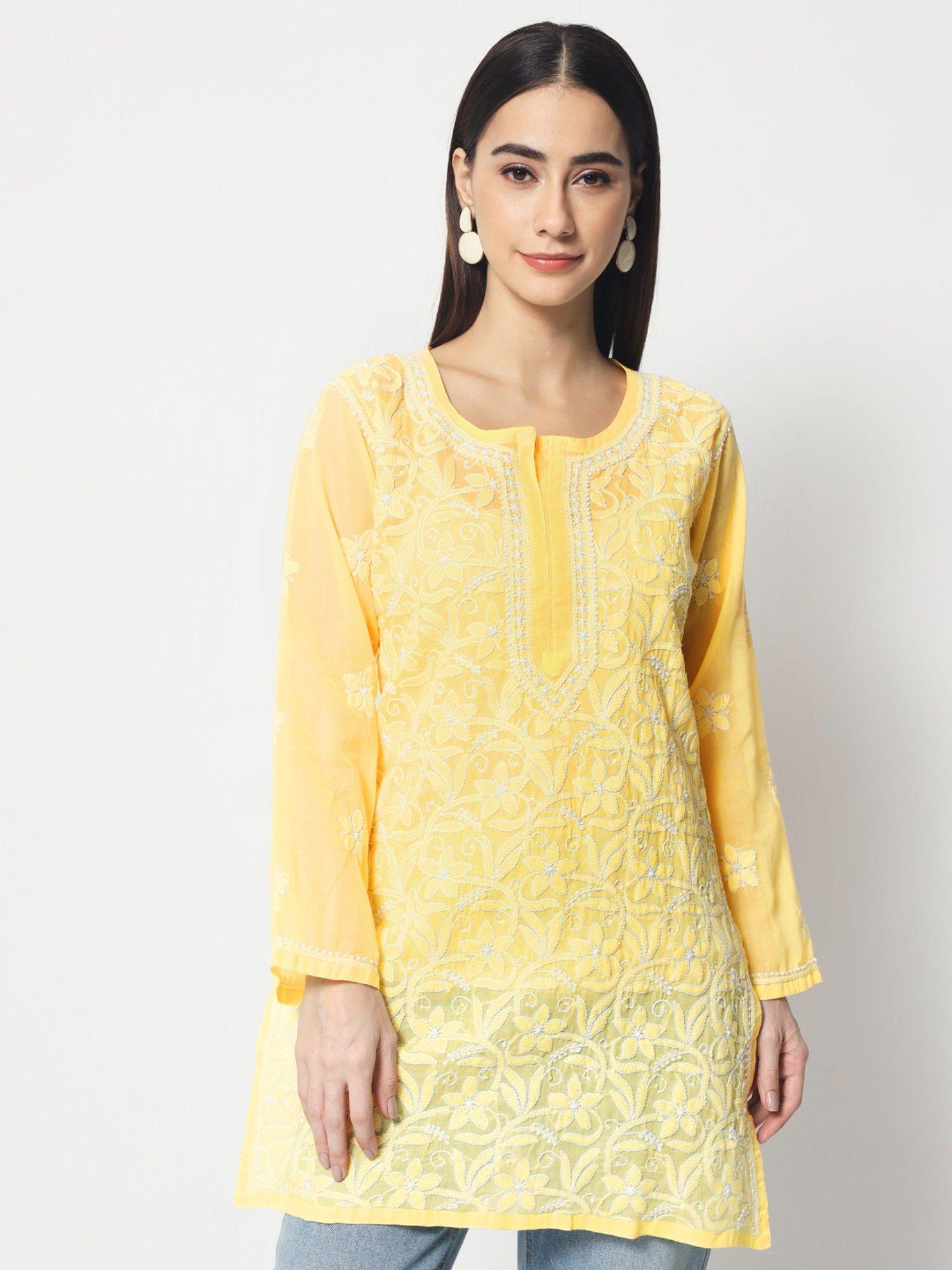 women's yellow hand embroidered lucknowi chikankari cotton tunic