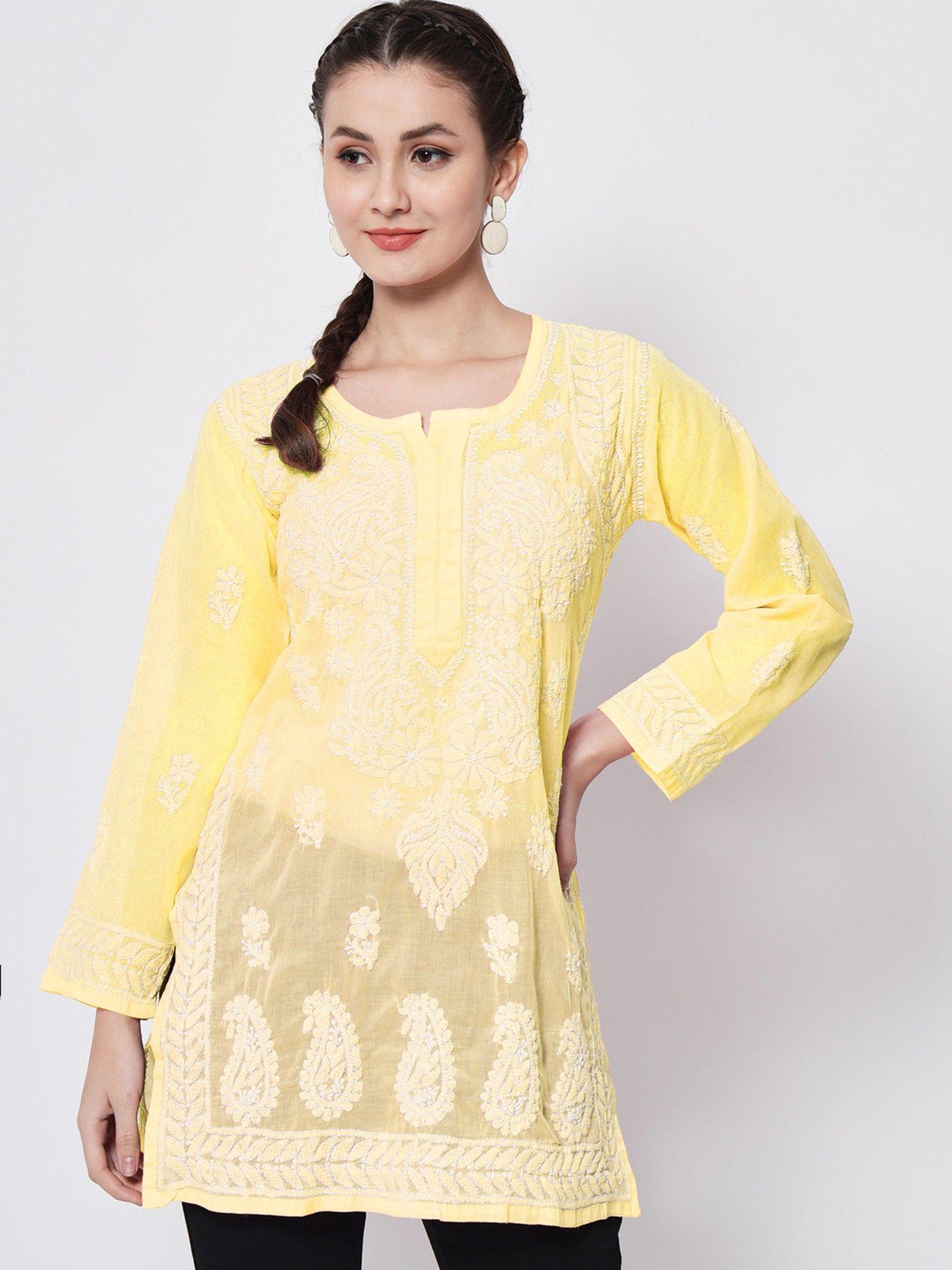 women's yellow hand embroidered lucknowi chikankari cotton tunic