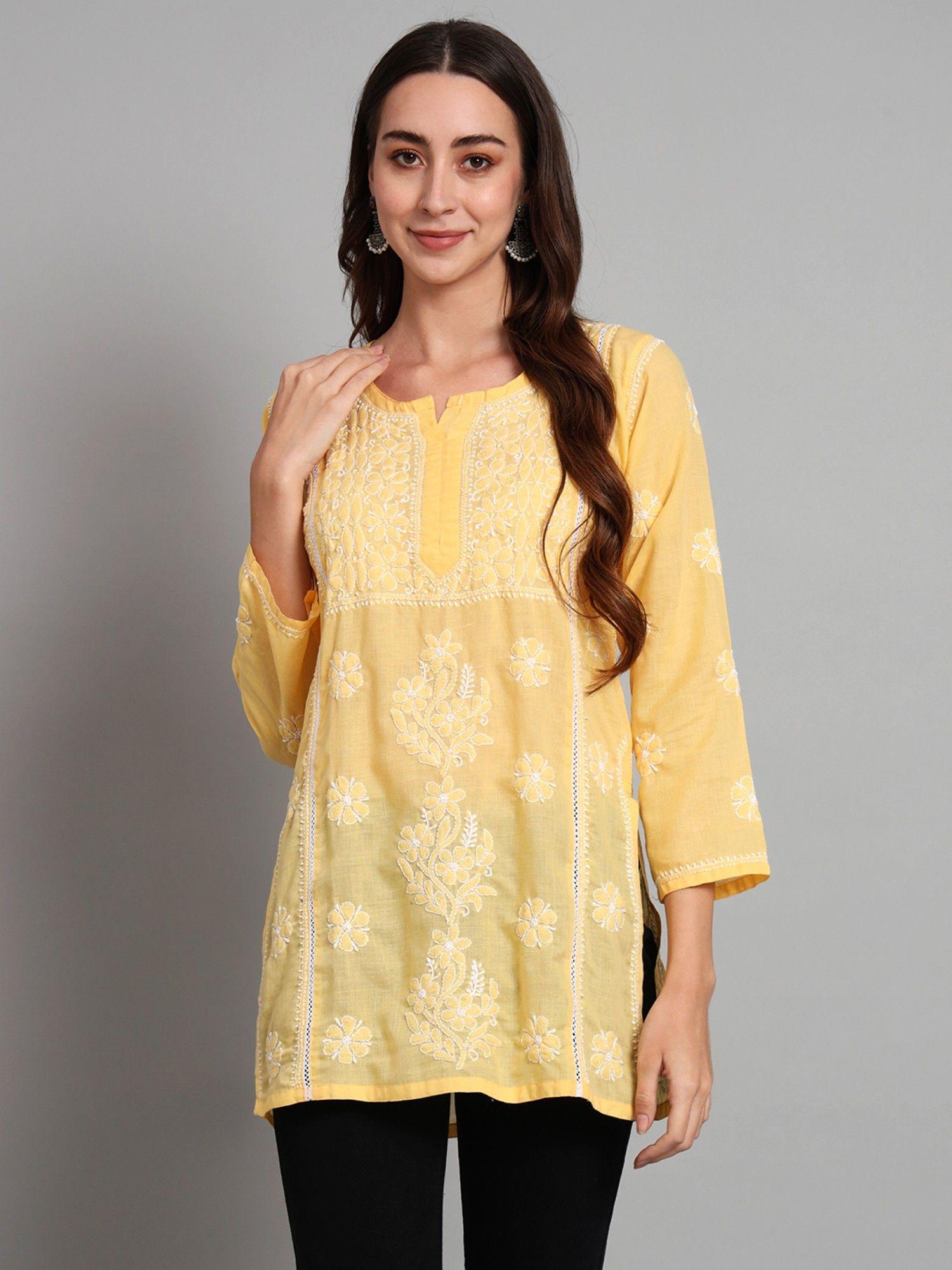 women's yellow hand embroidered lucknowi chikankari cotton tunic