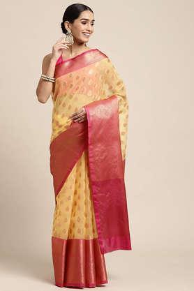 women's yellow organza silk saree temple design saree with blouse piece - yellow