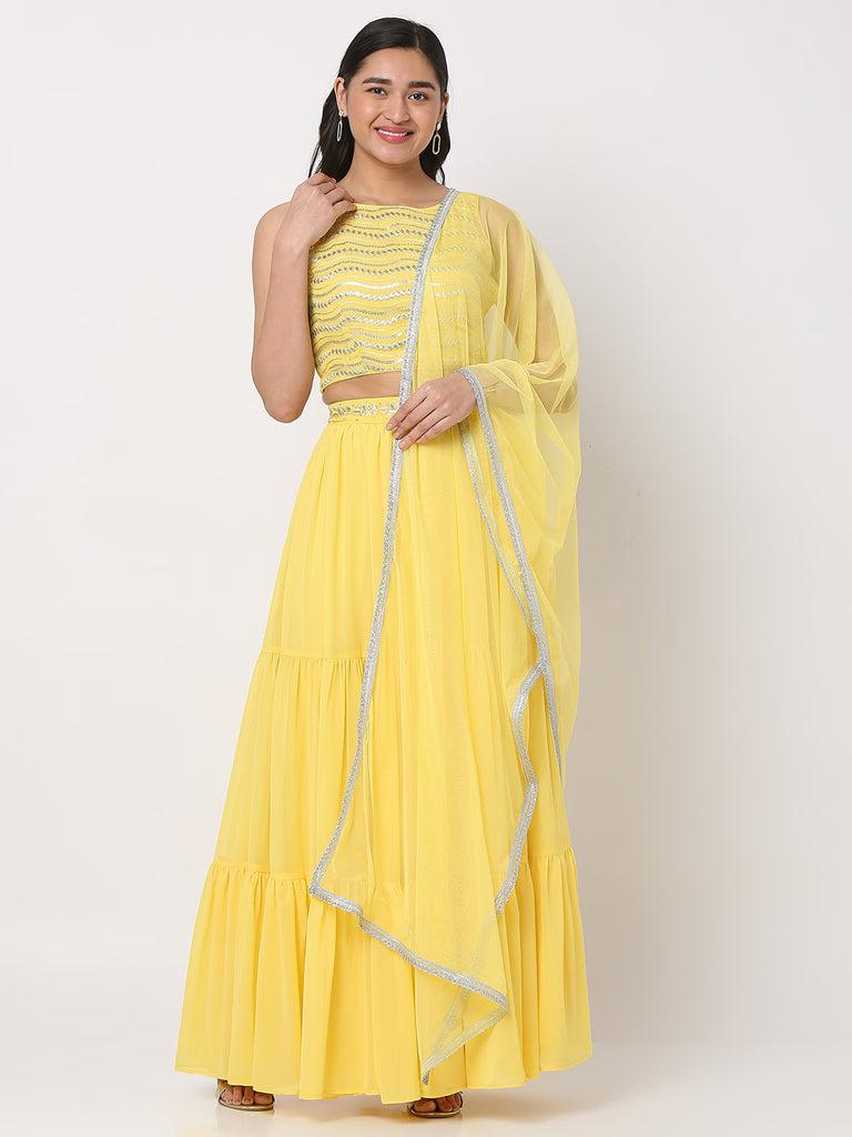 women's yellow polyester georgette embellished lehenga choli set