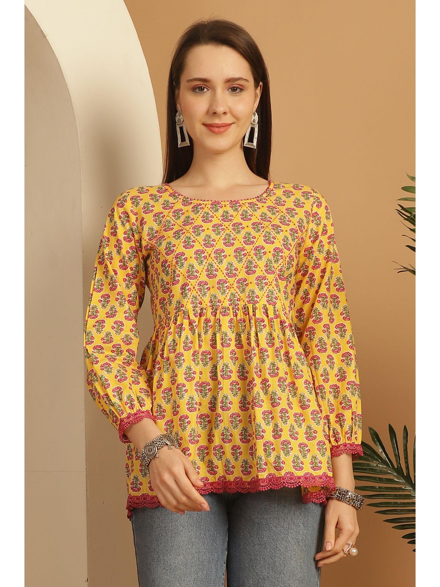 women's yellow pure cotton floral printed short tunic