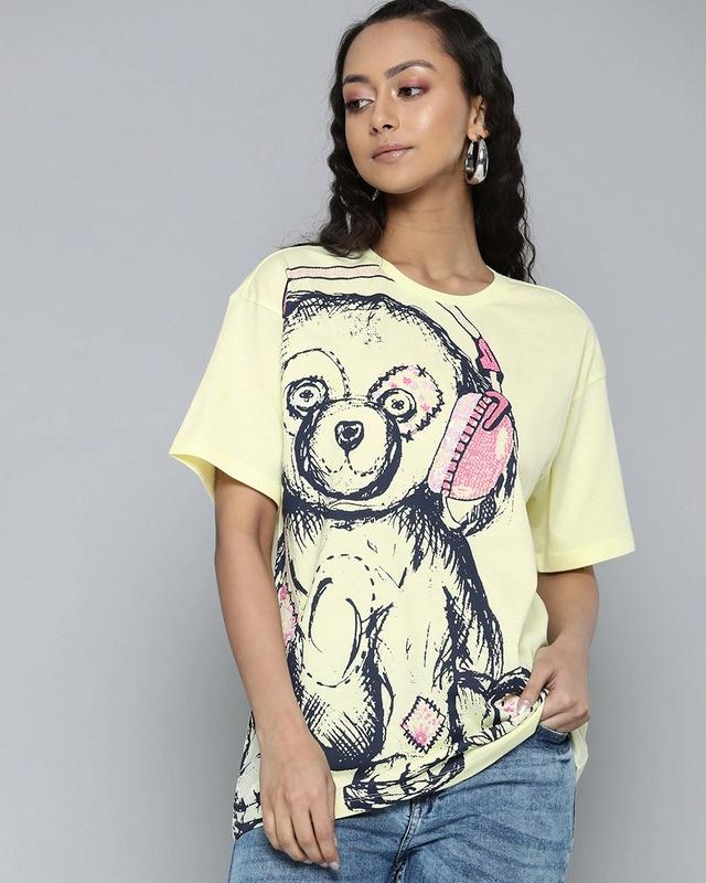 women's yellow teddy graphic printed oversized t-shirt