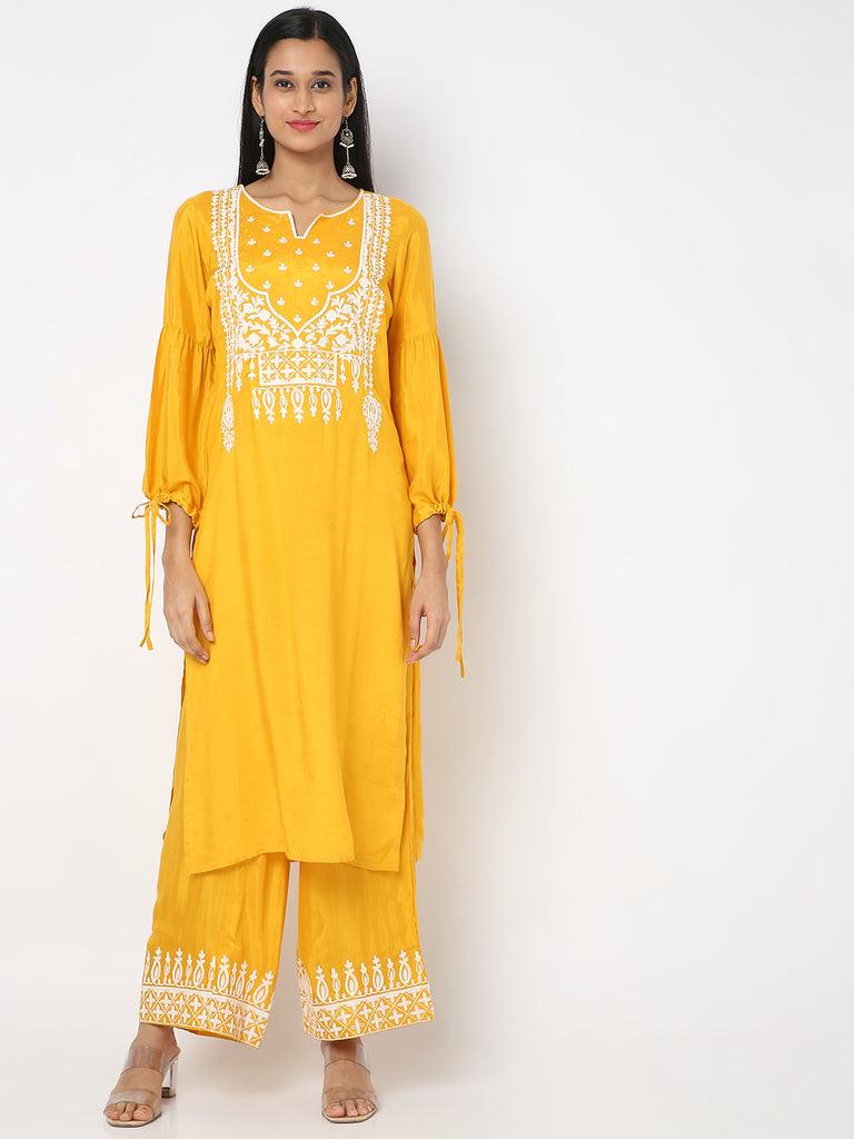 women's yellow viscose slub shantoon embroidered kurta palazzo sets