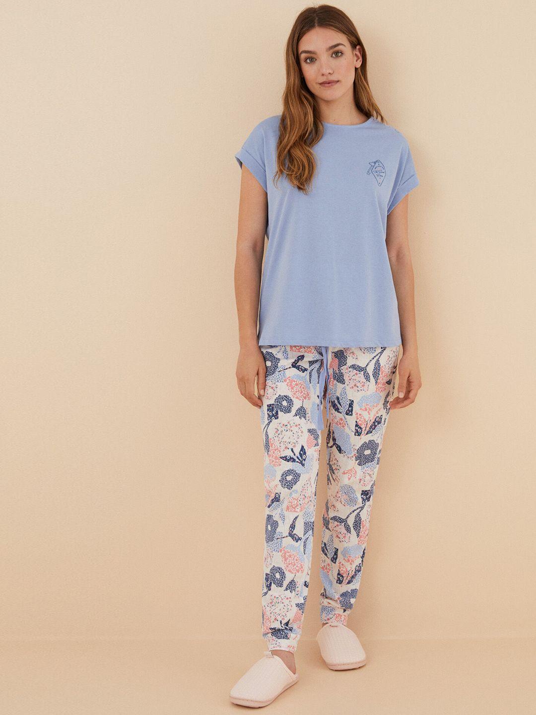 women'secret women pure cotton solid t-shirt & printed pyjamas set