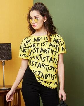 women & black typography print drop shoulder boxy fit t-shirt