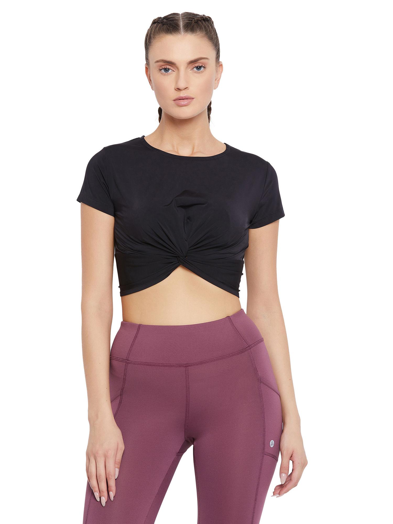 women -coloured solid cropped twisted knot top - black