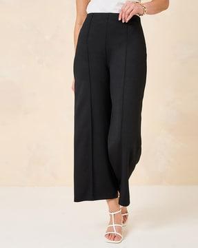 women  mid-rise 4 way stretch cropped leg pants with folded pleats