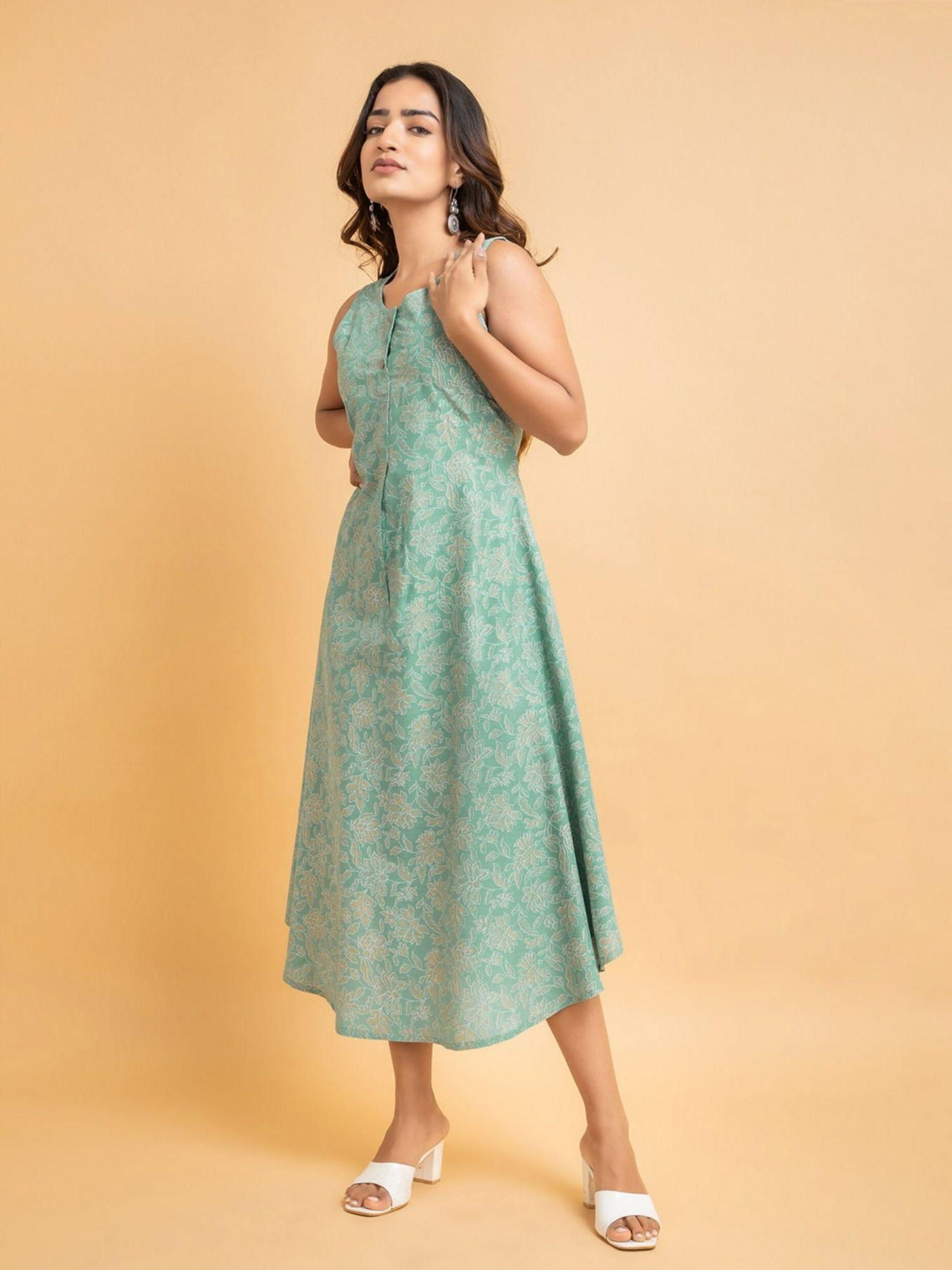 women 100% rayon gold printed a-line dress green