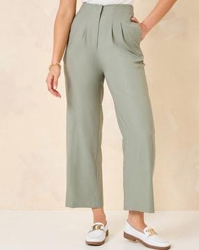 women 2 way stretch high-rise cropped leg pants with folded pleats