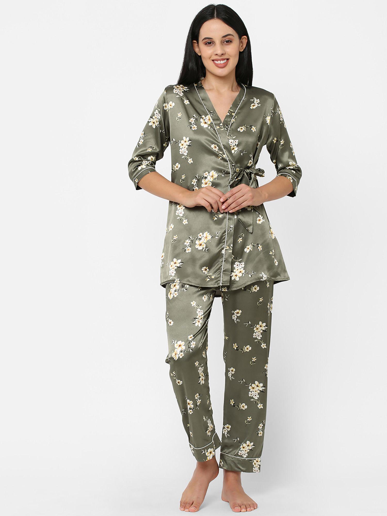 women 3/4th sleeve satin printed front open grey night suit (pack of 3)