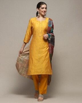 women 3-piece dress material with woven motifs