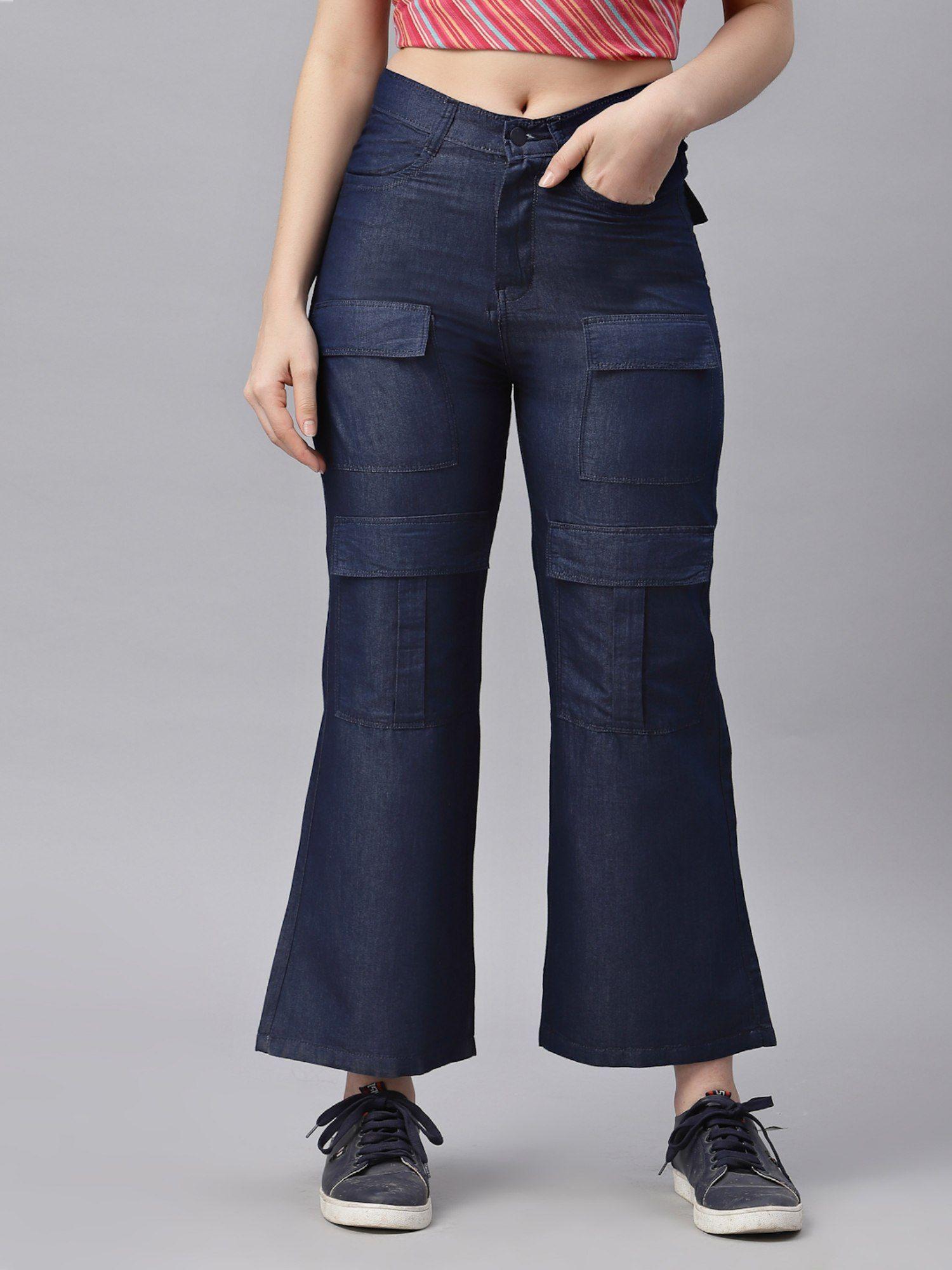 women 6 patch pocket wide leg dark blue denim