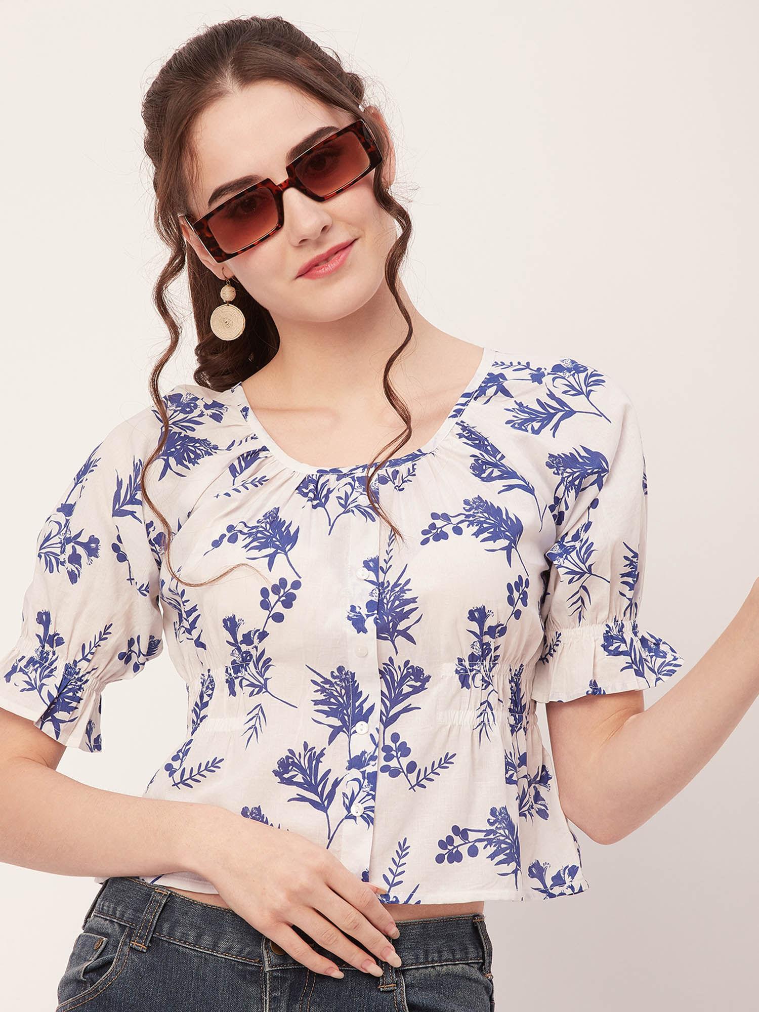 women a-line cotton floral off white top