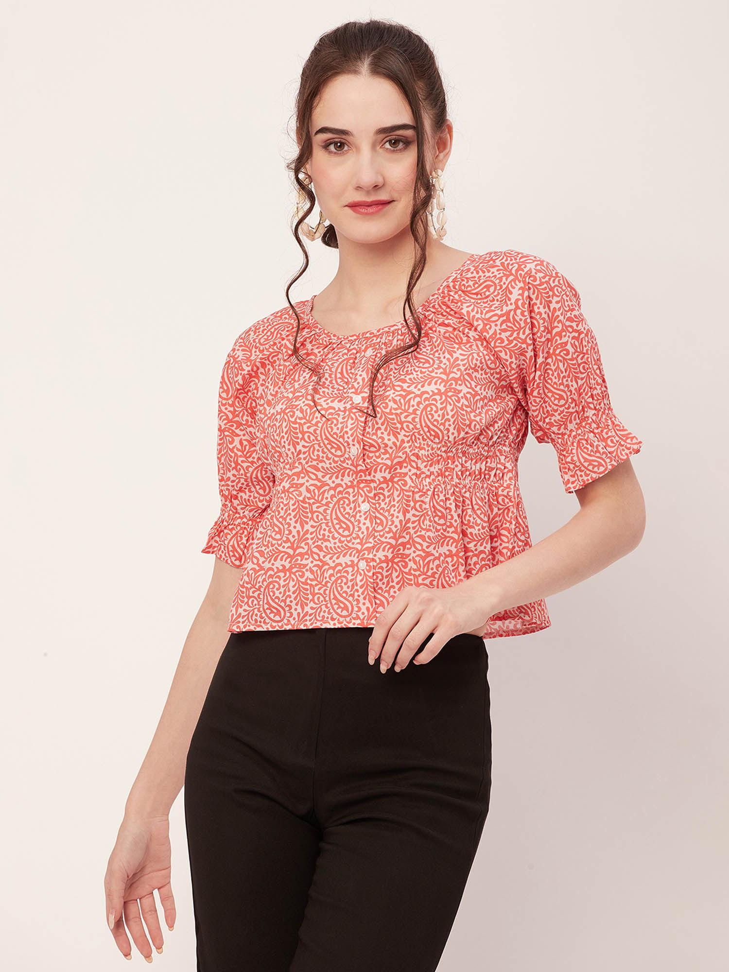 women a-line cotton paisley red top